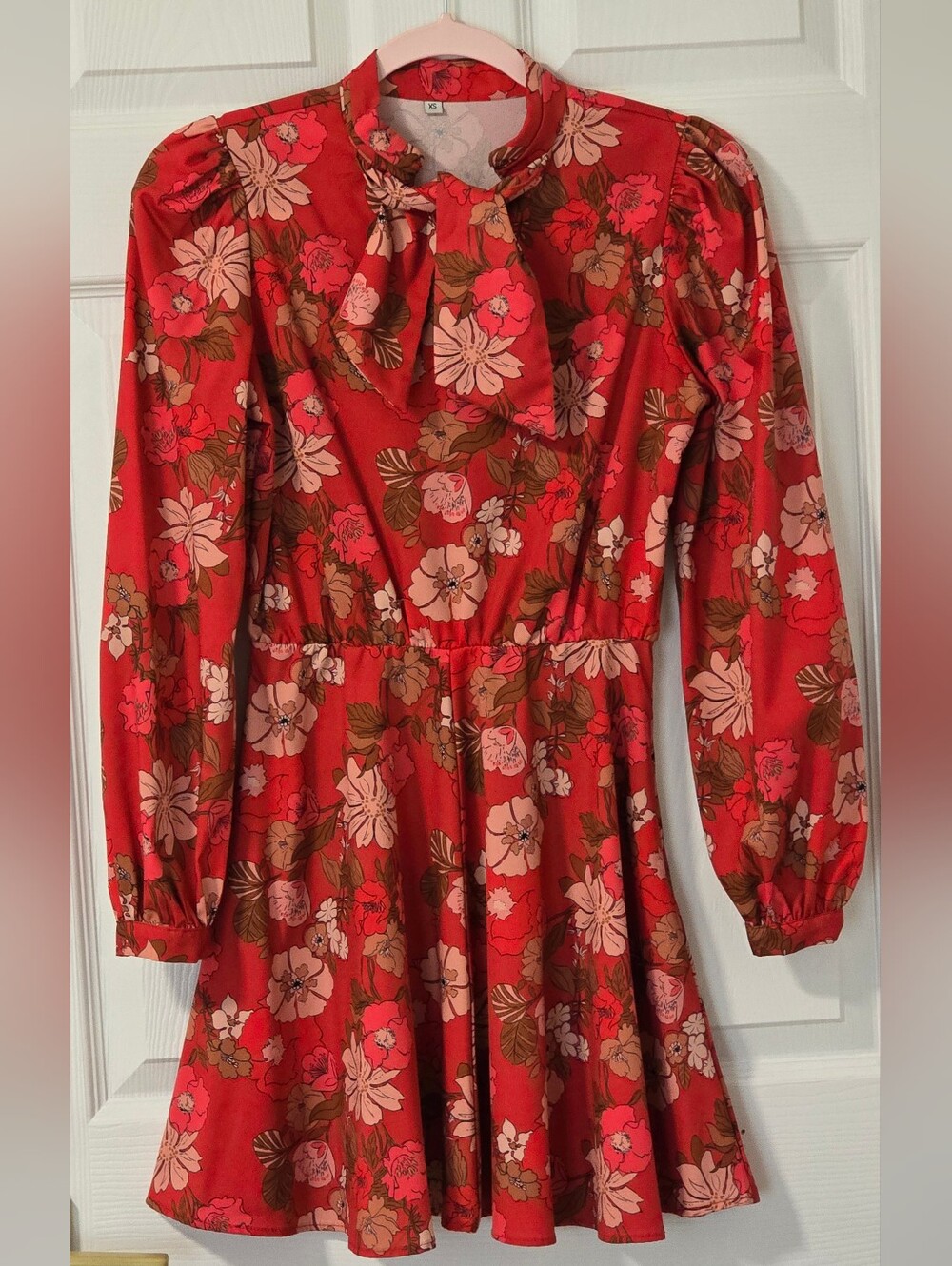 SHEIN Red Retro Floral Tie-Neck Long Sleeve Mini Dress Size XS